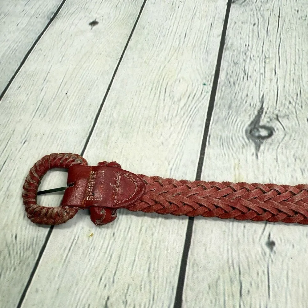 Vintage Red Woven Leather Belt Women Size Large Braided Boho Adjustable 43